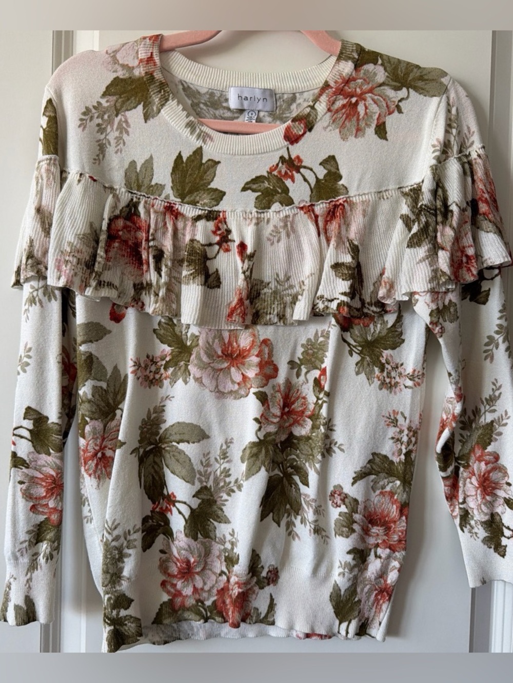 Harlyn Anthropologie Cream Floral Ruffle-Front Long Sleeve Top